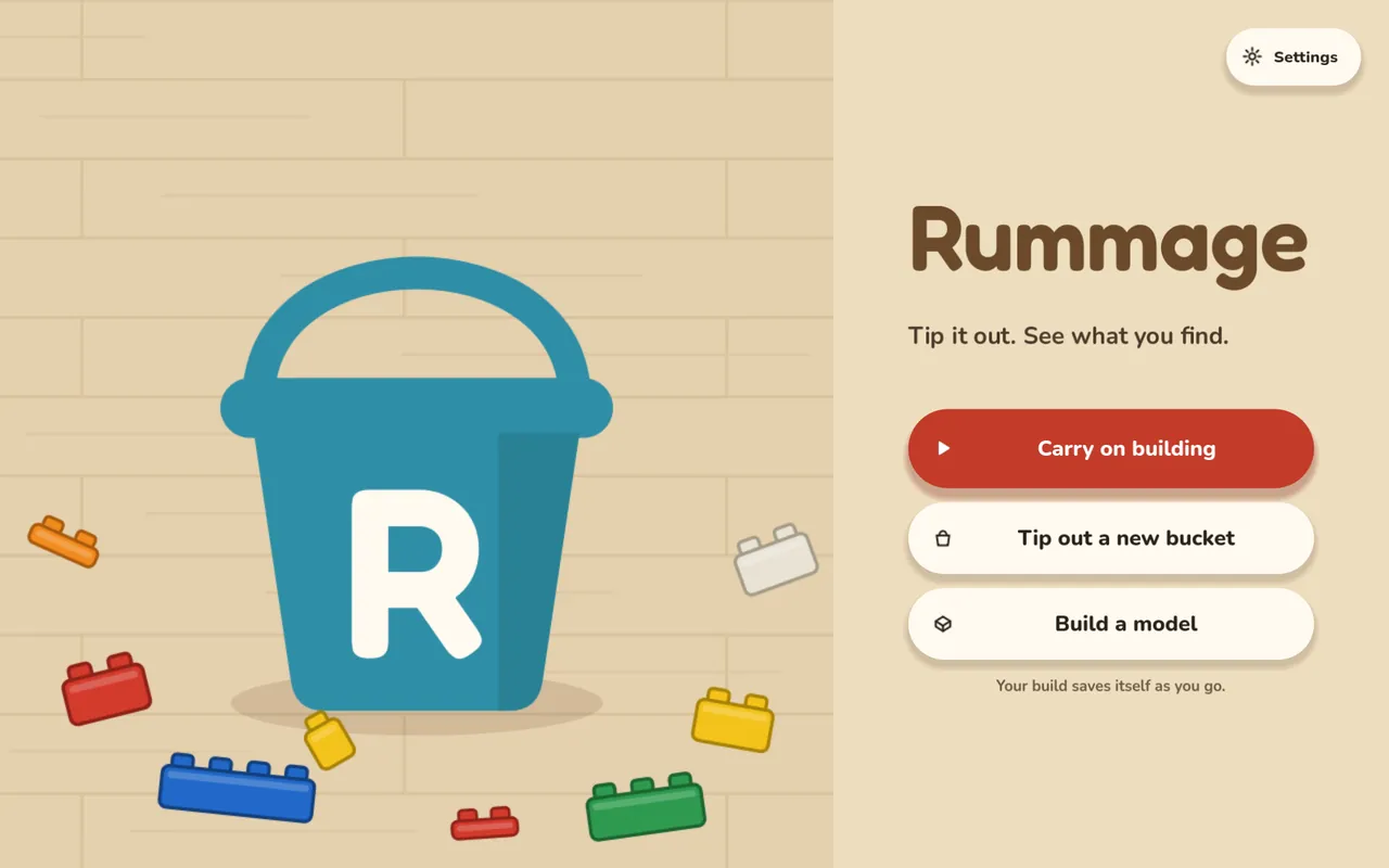 The Rummage start screen: a teal bucket with an R on it, bricks scattered on wooden floorboards, and buttons to carry on building, tip out a new bucket or build a model.